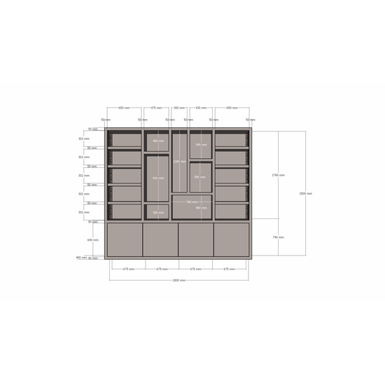 123kast  Vakkenkast Bellac 02 - 280x40x250H cm - push to open deuren - open vakken - strakke afwerking