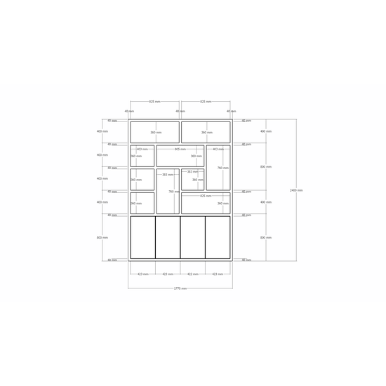 123kast  Vakkenkast Dinan - 177x40x260H cm - Push to open deuren - 4cm plank dikte