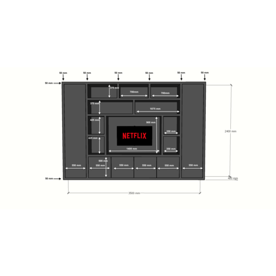 123kast  Tv vakkenkast Austin - 350x40x240H cm - open vakken - 6 greeploze dichte deuren - tv vak - cinewall - strak design