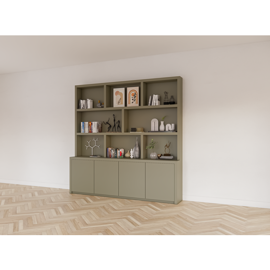 123kast  Vakkenkast Corsica - 240x20/40x240H cm - push to open deurtjes - open vakken 5cm plank dikte