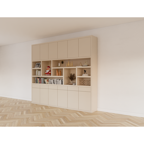 123kast  Vakkenkast Lanzarote 02 - 300x40x260H cm - push to open deuren - push to open lades - strakke afwerking