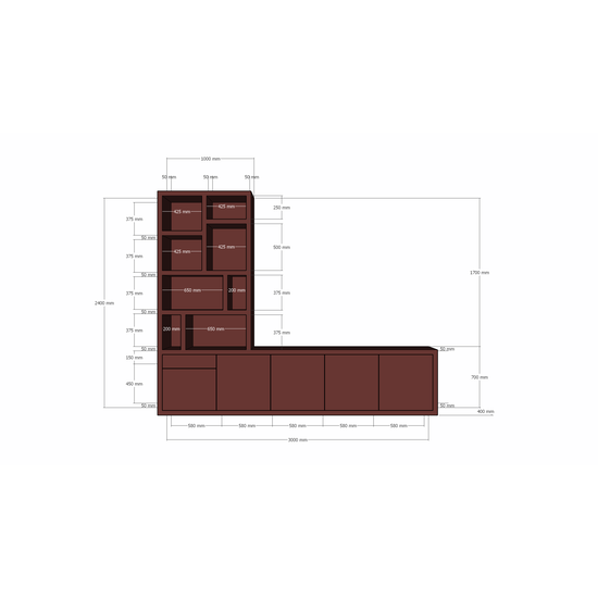 123kast  Tv dressoir Lizard - 300x40x240H cm - vakkenkast gedeelte - push to open deuren - push to open lade - strakke afwerking