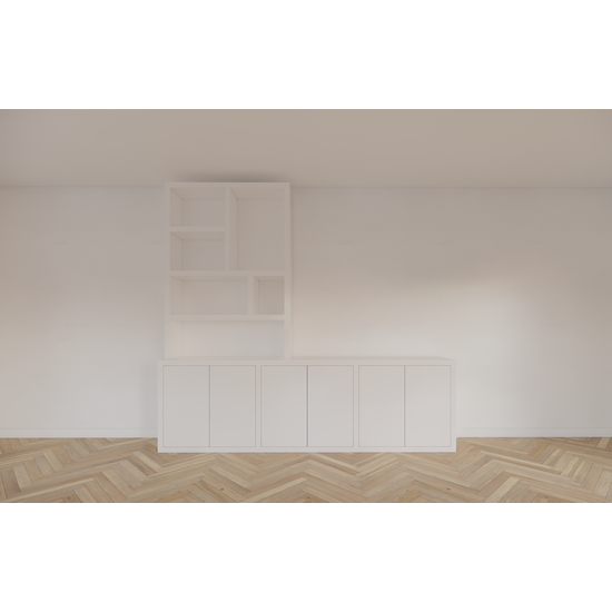 123kast  Tv dressoir Royan - 275x30/45x255H cm - 6 push to open deuren - vakkenkast gedeelte - strakke afwerking