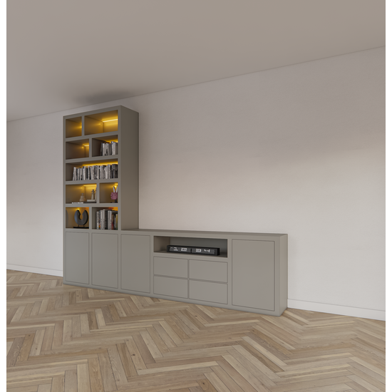 123kast  Tv vakkenkast dressoir Fleurus - 300x40x240H cm - push to open deuren - 4 push to open lades - strakke afwerking (STANDAARD ZONDER VERLICHTING)