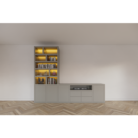 123kast  Tv vakkenkast dressoir Fleurus - 300x40x240H cm - push to open deuren - 4 push to open lades - strakke afwerking (STANDAARD ZONDER VERLICHTING)