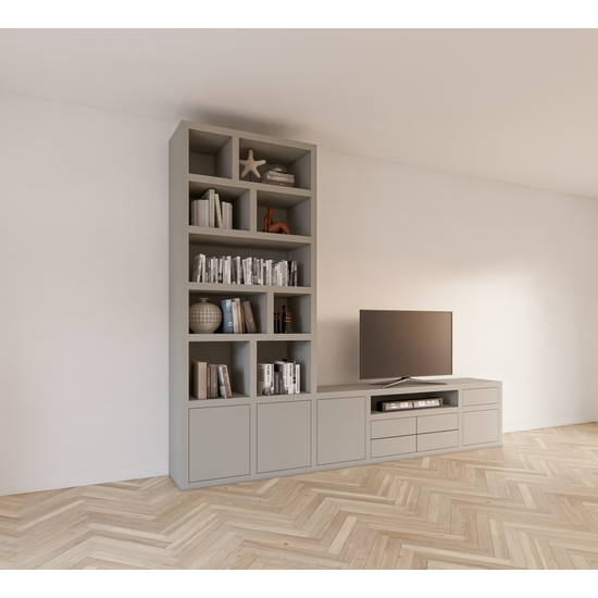 123kast  Tv vakkenkast dressoir Rennes - 300x40x240H cm - push to lades - push to open deuren - open vakken - strakke afwerking