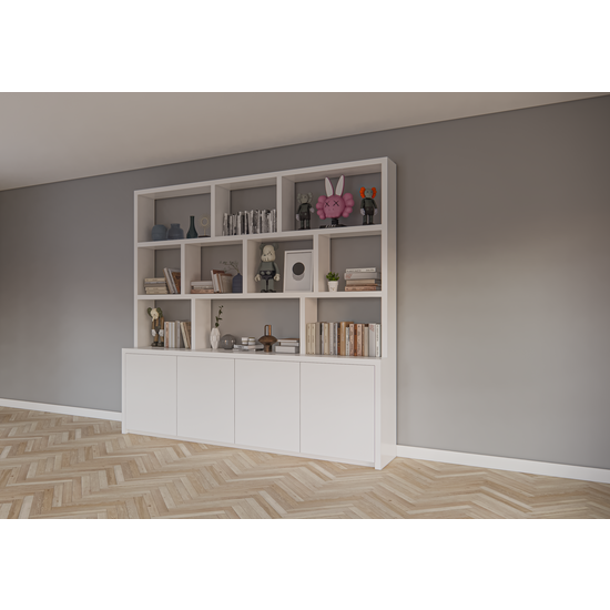 123kast  Vakkenkast Corsica - 280x20/40x240H cm - 5cm plank dikte - push to open deuren - open vakken - zonder achterwand - strakke afwerking