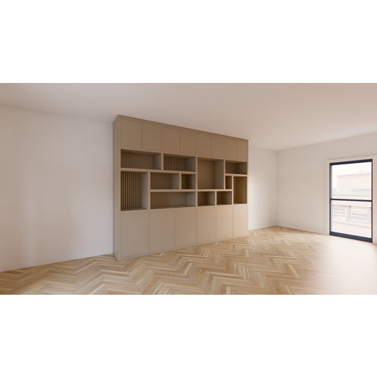 123kast  Vakkenkast Karumba - 340x50x263H cm - dichten deuren - open vakken - eiken panelen - strakke afwerking