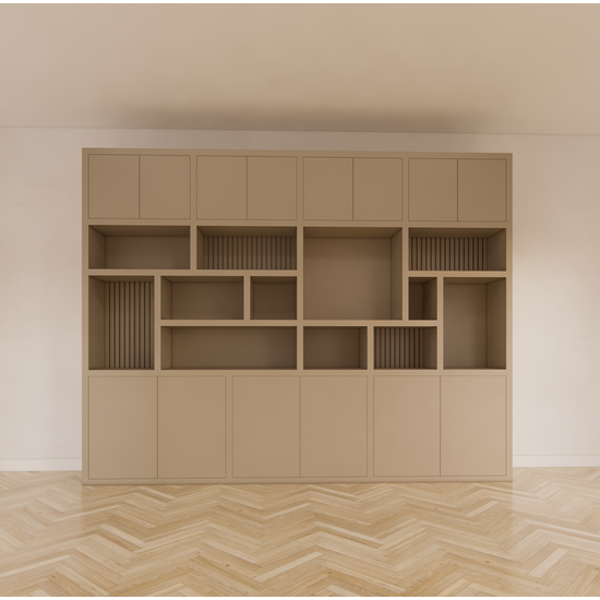 123kast  Vakkenkast Karumba - 340x50x263H cm - dichten deuren - open vakken - eiken panelen - strakke afwerking