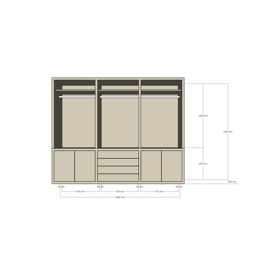 123kast  Kleding Bermuda - 300x60x240H cm - 4 push to open lades - push to open deuren - strakke afwerking