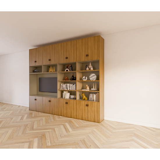 123kast  Tv vakkenkast Nome - 300x40x250H cm - dichten deuren - open vakken - met eiken buitenkant