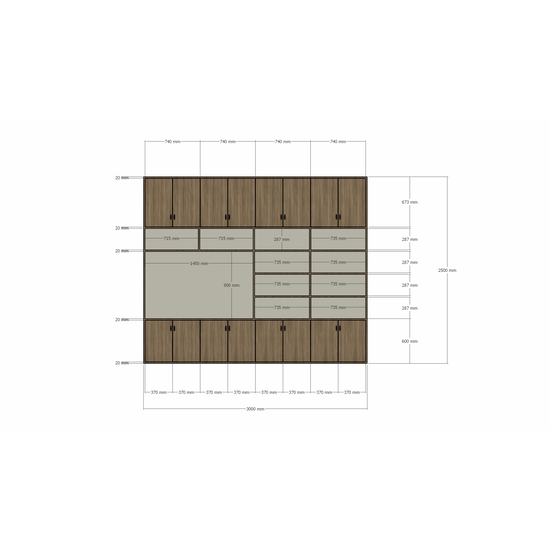 123kast  Tv vakkenkast Nome - 300x40x250H cm - dichten deuren - open vakken - met eiken buitenkant