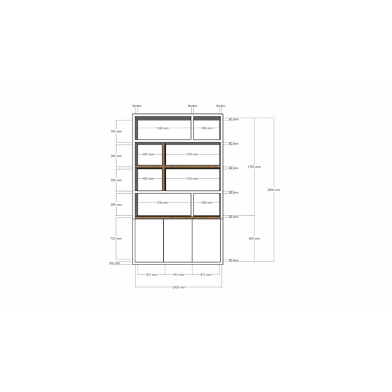 123kast  Vakkenkast Brunei - 150x30x250H cm - push to open deuren - met eiken planken - strakke afwerking