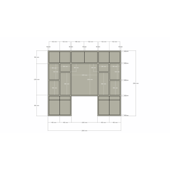 123kast  Bureau vakkenkast Chauny - 280x40x250H cm - push to open deuren - push to open lades - 4cm plank dikte - strakke afwerking