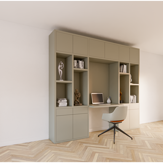 123kast  Bureau vakkenkast Chauny - 280x40x250H cm - push to open deuren - push to open lades - 4cm plank dikte - strakke afwerking