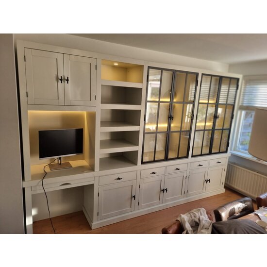 123kast  Bureau buffetkast Kansas - 340x50x220H cm - met stalen deuren - bureau vak met uitschuif plank - open boekenkast gedeelte