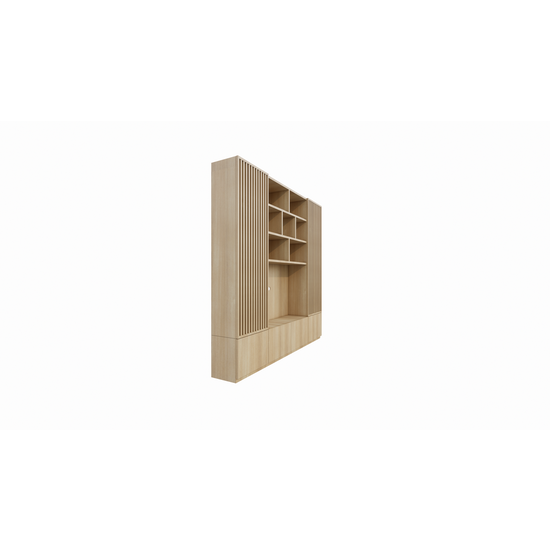 123kast  Tv vakkenkast Pinoso - 260x40x255H cm - eiken - paneeldeuren - open vakken - strakke afwerking