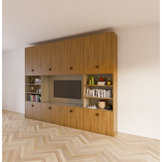 123kast  Tv vakkenkast hermanus - 300x40x250H cm - eiken afwerking - prijs op aanvraag