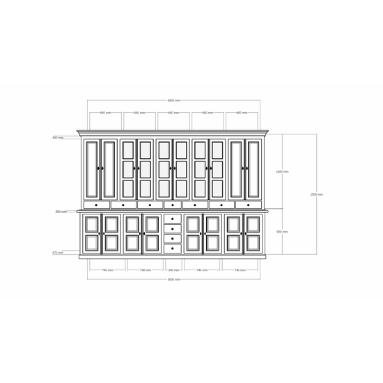123kast  Buffetkast Bursa - 360x50x250H cm - vitrine deuren en dichte deuren