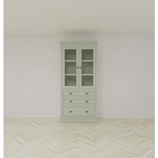 123kast  Vitrine/lade kast Foggia 01 - 107x48x225H cm - 2 vitrinedeuren - 3 brede soft close lades - landelijke/klassiek sierlijst