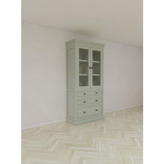 123kast  Vitrine/lade kast Foggia 01 - 107x48x225H cm - 2 vitrinedeuren - 3 brede soft close lades - landelijke/klassiek sierlijst