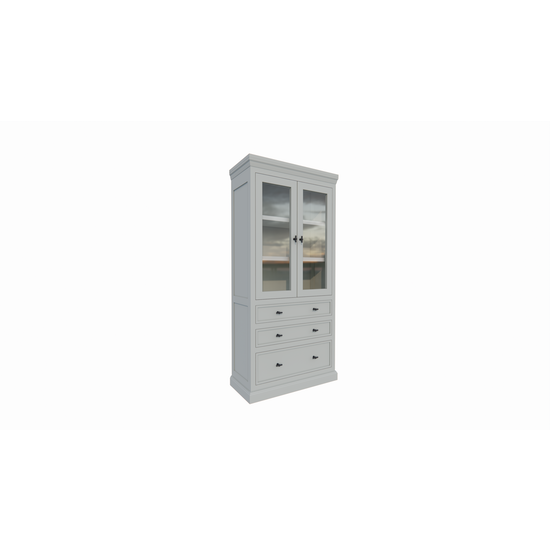 123kast  Vitrine/lade kast Foggia 01 - 107x48x225H cm - 2 vitrinedeuren - 3 brede soft close lades - landelijke/klassiek sierlijst