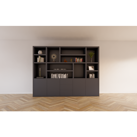 123kast  Vakkenkast Tolosa - 290x46x220H cm - open vakken- strak design - push to open lades en deuren