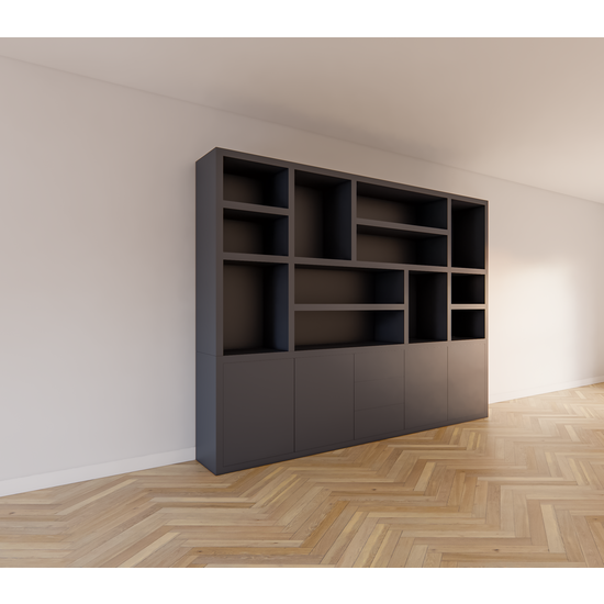 123kast  Vakkenkast Tolosa - 290x46x220H cm - open vakken- strak design - push to open lades en deuren