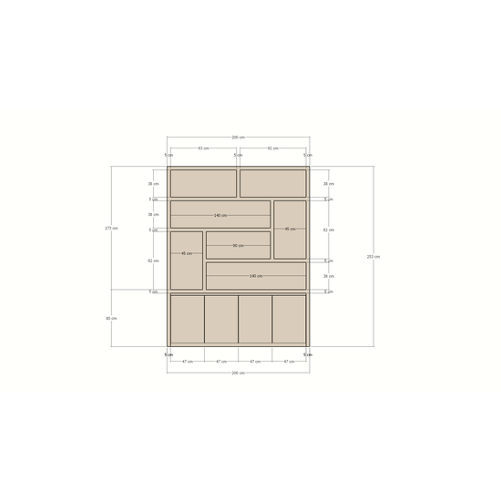 123kast  Vakkenkast Calvert - 200x40x253H cm - greeploze greepen - zwevende onderlijst - strak design
