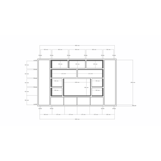 123kast  Tv vakkenkast Austin - 400x40x240H cm - strak design - dichte push to open deuren - open vakken