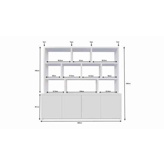123kast  Vakkenkast Corsica - 280x20/40x240H cm - 5cm plank dikte - push to open deuren - open vakken - zonder achterwand - strakke afwerking