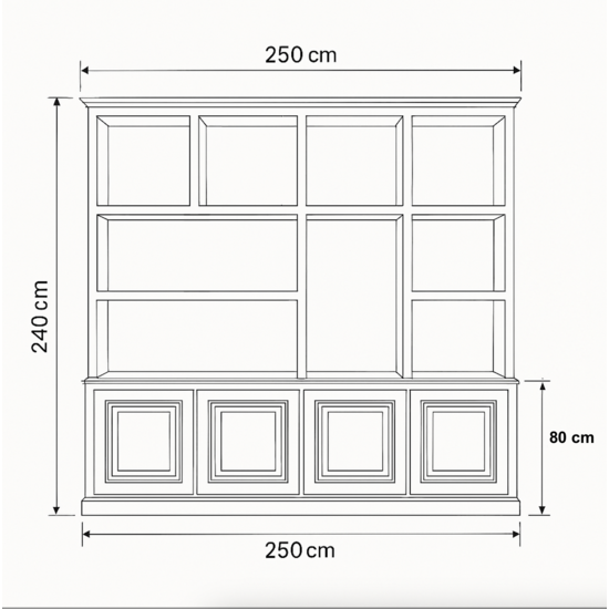 123kast  Vakkenkast Malediven - 250x40x240H cm - open vakken - push to open deuren - sierlijsten