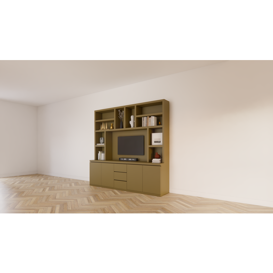 123kast  Tv vakkenkast Sineu 02 - 250x30/50x240H cm - push to open deuren - soft colse lades - open vakken - strakke afwerking