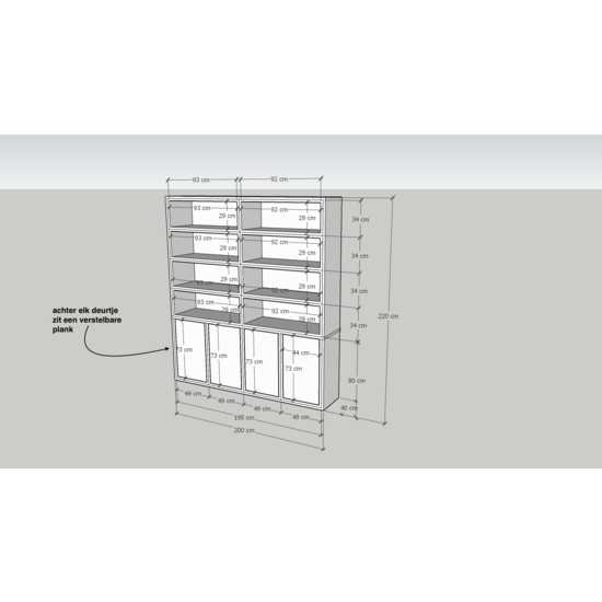 123kast  Boekenkast / Vakkenkast Stellenbosch - 200x40x220H cm - strak design - 4 greeploze deuren - open vakken