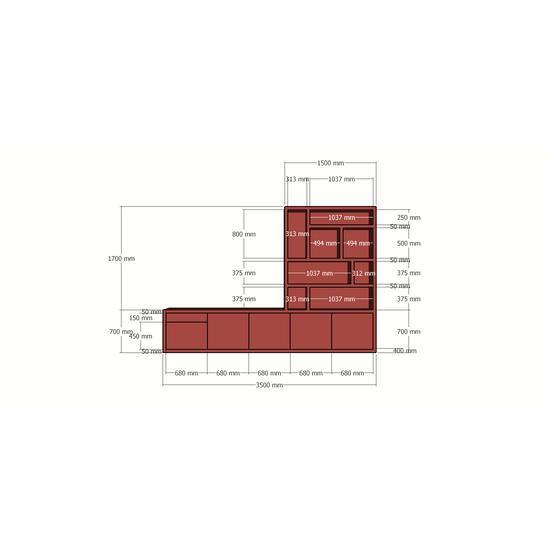 123kast  Tv dressoir met vakkengedeelte Limoges - 350x40x240H cm - open vakken - push to open deuren - soft close lade - 5cm plank dikte - strakke afwerking