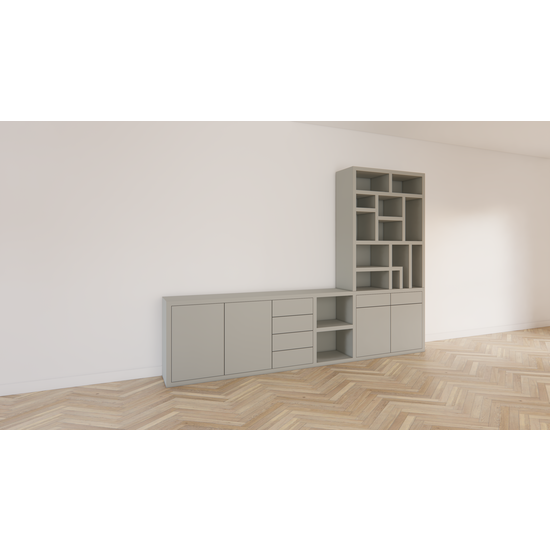 123kast  Tv dressoir met vakkenkast Lesbos - 350x40x250H cm - soft close lades - push to open deuren - strakke afwerking - open vakken