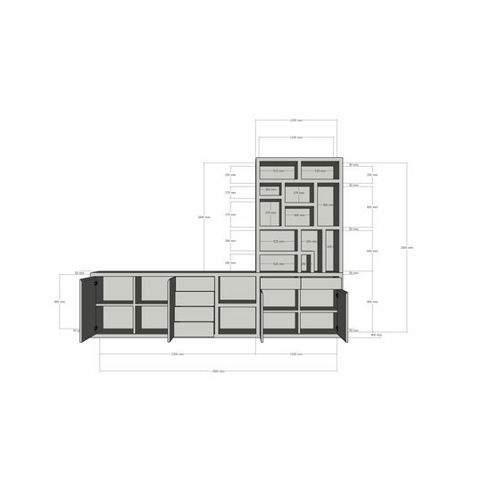 123kast  Tv dressoir met vakkenkast Lesbos - 350x40x250H cm - soft close lades - push to open deuren - strakke afwerking - open vakken