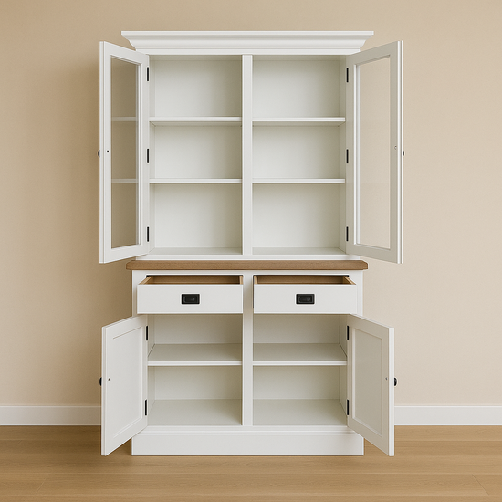 123kast  Buffetkast Sara 02 - 130x46x206H cm - eiken tussen blad - 2 vitrine scharnierdeuren - 2 soft close lades - 2 dichte scharnierdeuren