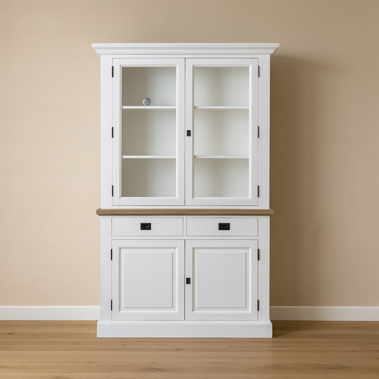 123kast  Buffetkast Sara 02 - 130x46x206H cm - eiken tussen blad - 2 vitrine scharnierdeuren - 2 soft close lades - 2 dichte scharnierdeuren