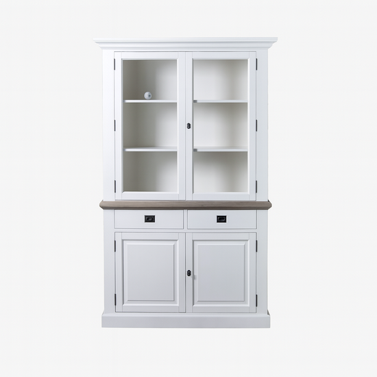 123kast  Buffetkast Sara 02 - 130x46x206H cm - eiken tussen blad - 2 vitrine scharnierdeuren - 2 soft close lades - 2 dichte scharnierdeuren