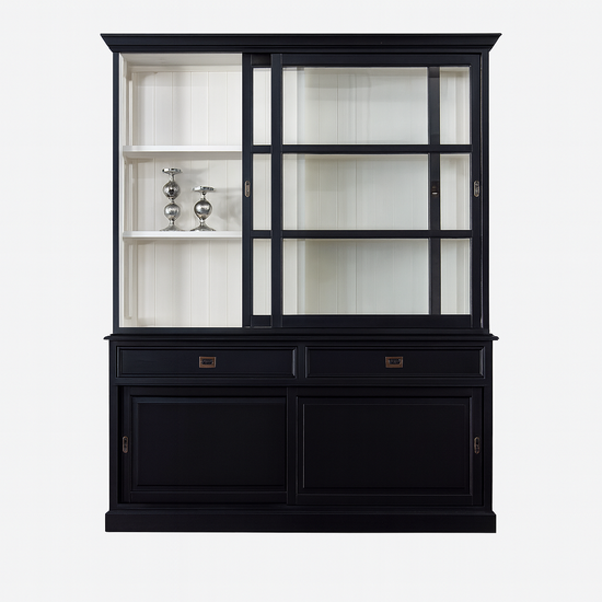 123kast  Buffetkast Miami Beach - 188x53x218H cm - 2 vitrine schuifdeuren - 2 soft close lades - 2 dichte schuifdeuren - glazen zijkanten