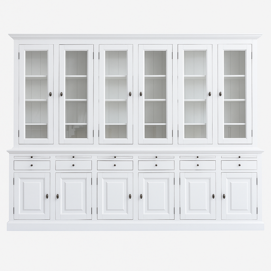 123kast  Buffetkast Santiago - 300x45x230H cm - 6 vitrine scharnierdeuren - 6 uitschuifbare planken - 6 soft close lades - 6 dichte scharnierdeuren - verstelbare planken