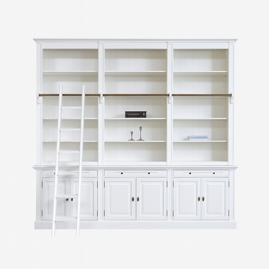 123kast  Boekenkast Melena del Sur - 300x40x240H cm - met stang en ladder - 15 planken - 3 uitschuif planken - 6 dichte scharnierdeuren - verstelbare planken