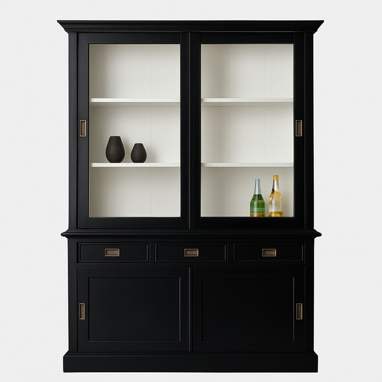 123kast  Buffetkast Chateau - 125x48x220H cm - 2 vitrine schuifdeuren - 3 soft close lades - 2 dichte schuifdeuren - glazen zijkanten