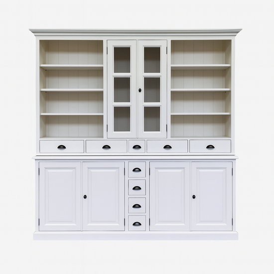 123kast  Buffetkast Chaumont - 210x50x220H cm - open vakken - 2 vitrine scharnierdeuren - 9 lades - 4 dichte scharnierdeuren