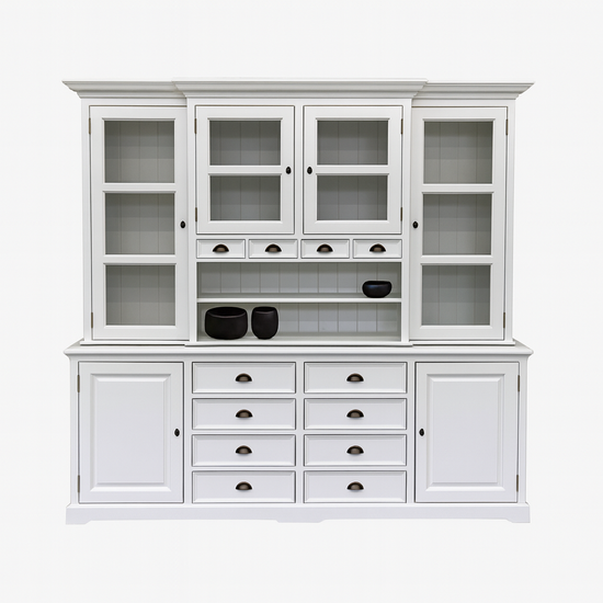 123kast  Buffetkast San Pietro - 235x55x225H cm - 4 vitrine scharnierdeuren - 4 kleine lades - open vak gedeelte - 8 grote soft close lades - 2 dichte scharnierdeuren