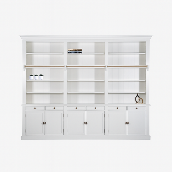 123kast  Boekenkast Private Library - demontabel - 300x43x240H cm - met stang en ladder - verstelbare planken - 15 planken - 6 lades - 6 dichte scharnierdeuren