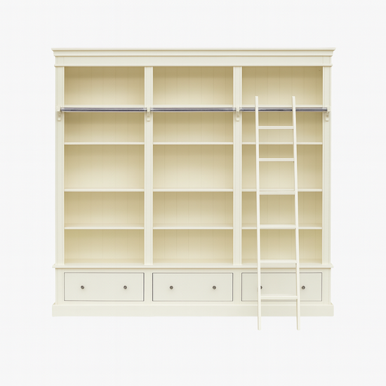 123kast  Boekenkast Brighton Library - 250x40x240H cm - demontabel - met stang en ladder - 12 verstelbare planken - 3 soft close lades