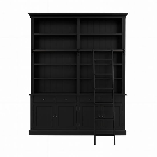 123kast  Boekenkast Private Library 2M - 200x43x240H cm -  demontabel- met stang en ladder - verstelbare planken - 10 planken - 4 lades - 4 dichte scharnierdeuren