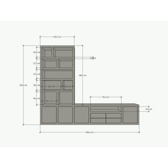 123kast  Tv vakkenkast dressoir Rennes - 300x40x240H cm - push to lades - push to open deuren - open vakken - strakke afwerking